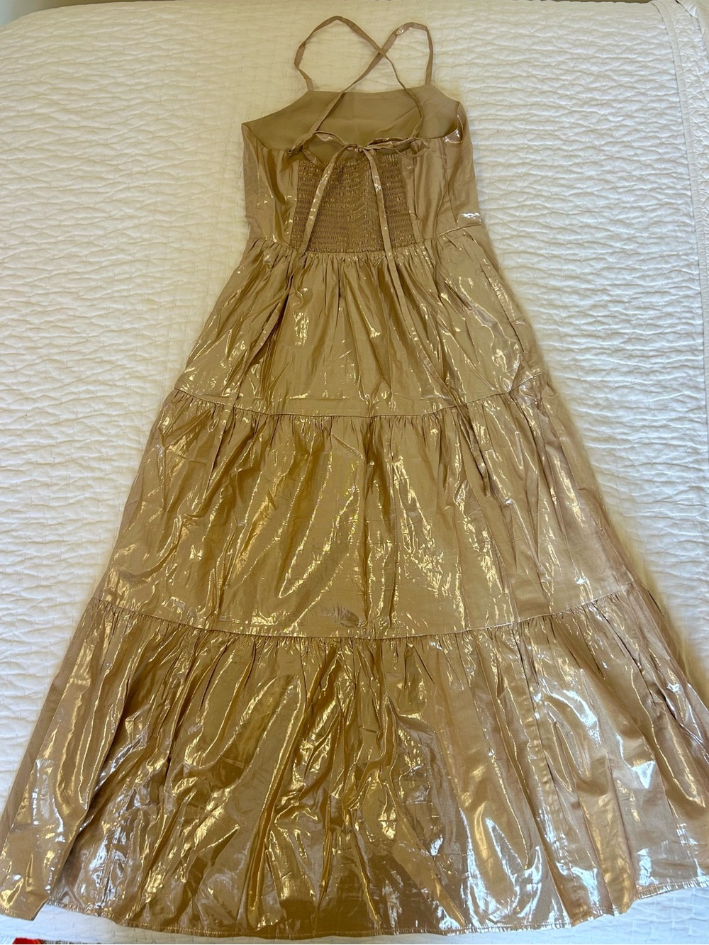 GAP Shimmer Halter Tie Back Tiered Maxi Dress in Shimmery Beige - Picture 4 of 5